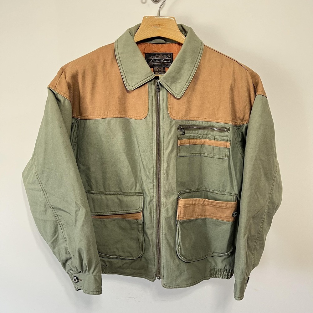 Vintage Eddie Bauer Hunting Jacket Canvas Down Mens Large Green Bomber Chore